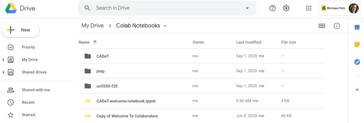 Google notebooks organized in the drive