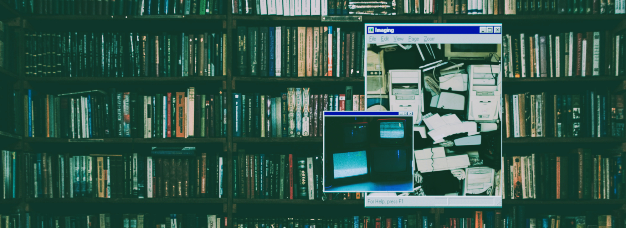 Banner with an analog vibe, featuring stacks of books with old computer windows superimposed in front of them that show older computers within them