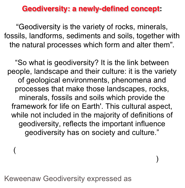 Geodiversity: a newly-defined concept:  

“Geodiversity is the variety of rocks, minerals, fossils, landforms, sediments and soils, together with the natural processes which form and alter them”. 

“So what is geodiversity? It is the link between people, landscape and their culture: it is the variety of geological environments, phenomena and processes that make those landscapes, rocks, minerals, fossils and soils which provide the framework for life on Earth'. This cultural aspect, while not included in the majority of definitions of geodiversity, reflects the important influence geodiversity has on society and culture.”

(http://www.snh.gov.uk/about-scotlands-nature/rocks-soils-and-landforms/geodiversity/)

Keweenaw Geodiversity expressed as GeoElements