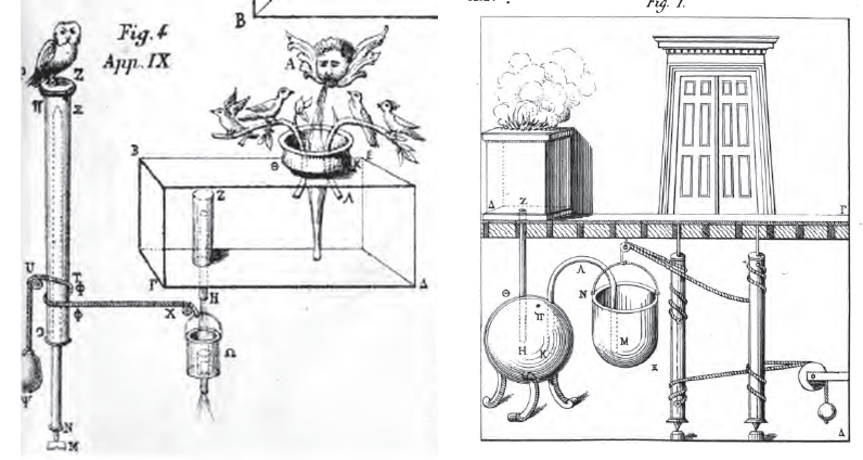 Two historical line drawings of Heron's automata. Left: a fountain tank with birds on branches and an owl on a tall column, linked by pipes, a lower vessel, cord, and pulley. Right: a fire on an altar above a spherical water vessel, a hanging bucket, and double doors whose spindles are wound by ropes and a counterweight.