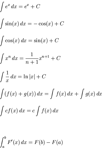 \begin{displaymath}\displaystyle
\begin{array}{l}
\displaystyle \int e^{x} \, d...
...playstyle \int_a^b F'(x) \, dx = F(b)-F(a) \\
\\
\end{array}\end{displaymath}