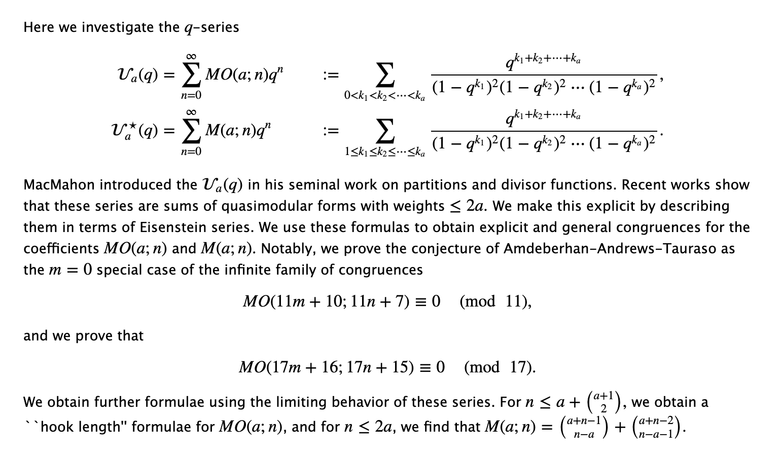 Prof. Ono's abstract, involving MacMachon's study of the sum of divisors functions